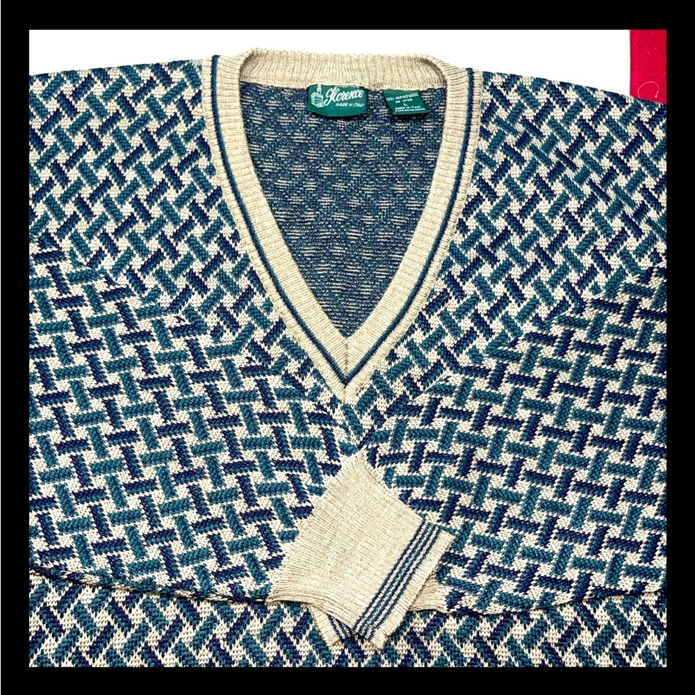 90s Florence Merino WOOL Sweater Blue Green Tan VNECK geometric Made In Italy Lg
